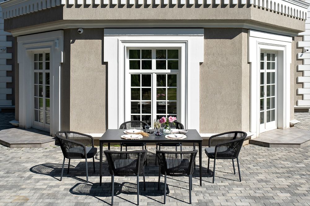 "Малага" обеденная группа на 6 персон со стульями "Марсель", каркас темно-серый, роуп темно-серый