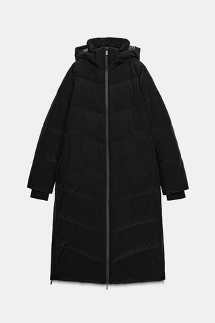 ZARA ДЛИННЫЙ ПУХОВИК С КАПЮШОНОМ WATER REPELLENT WINDPROOF, ЧЕРНЫЙ