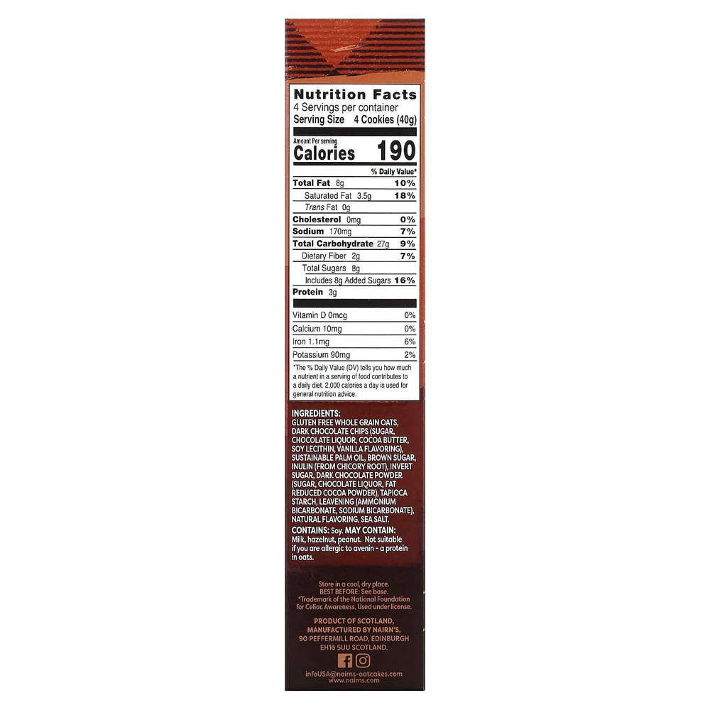 Nairn's, Oat Grahams, Без глютена, шоколадная стружка, 5,64 унции (160 г)