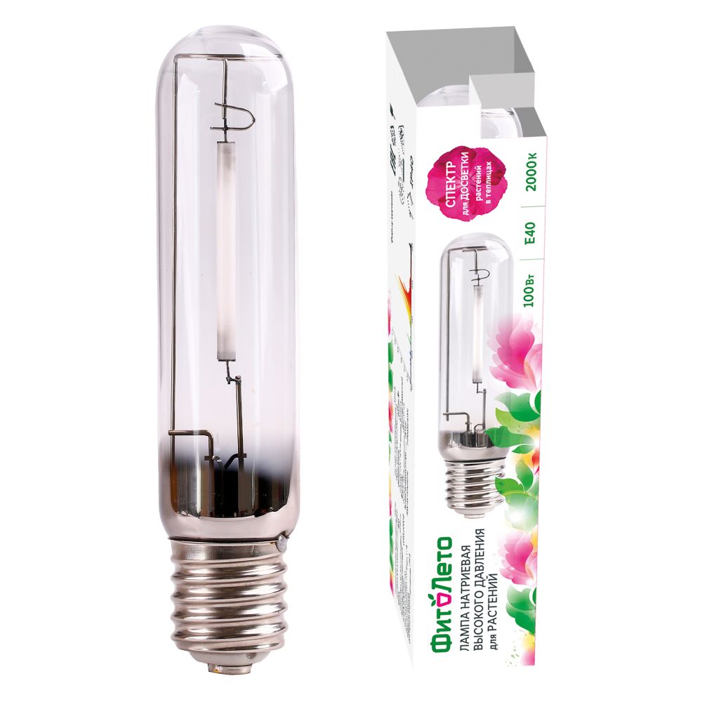 HSL-T48-100-2000K-E40-CL PLANT Лампа натриевая высокого давления для растений. Форма T. прозрачная. Теплый белый свет 2000К + спектр для фотосинтеза. Картон. ТМ ФитоЛето