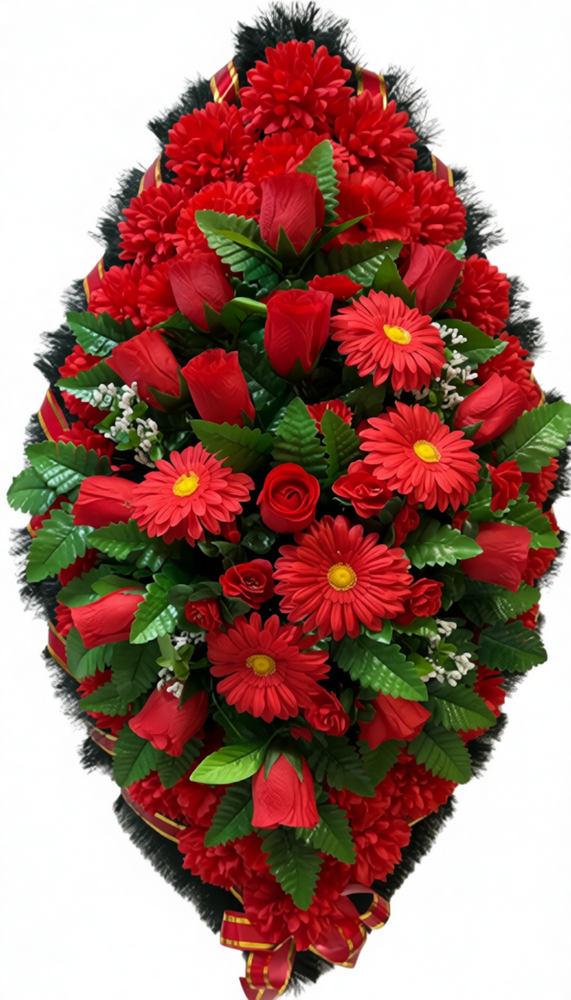 Ритуальный венок из красных роз, гвоздик и гербер на темно-зеленой основе с красными лентами 125 см