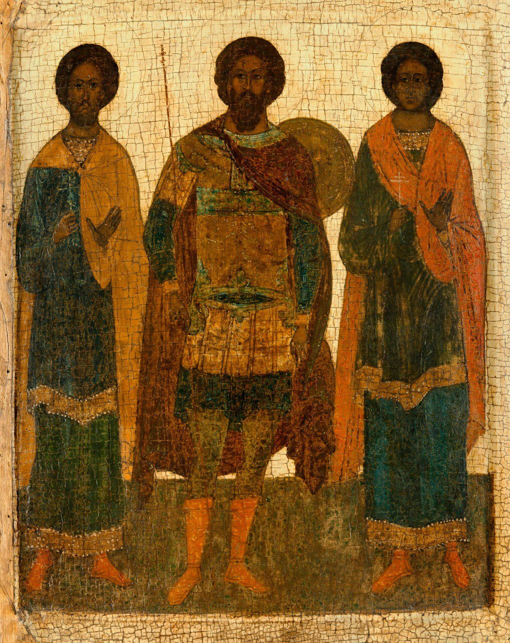 Икона  святые Федор Стратилат, Флор и Лавр на дереве на левкасе мастерская Иконный Дом