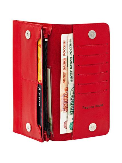 Фото функционального кошелька Классический из красной кожи, развернутый вид с наполнением.