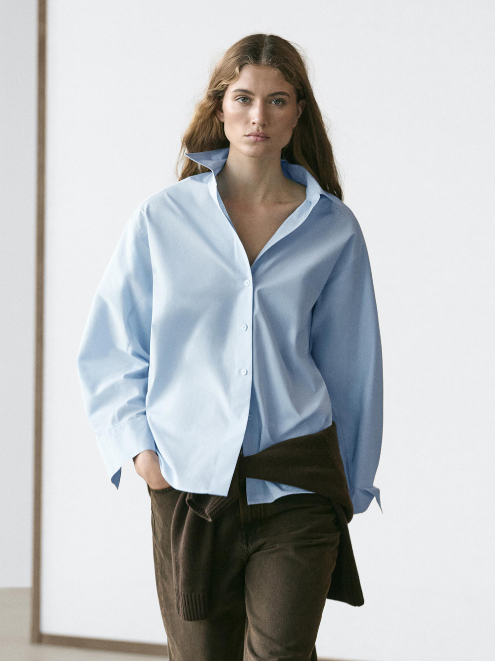 Massimo Dutti Рубашка из поплина с рукавами реглан, небесно-голубой