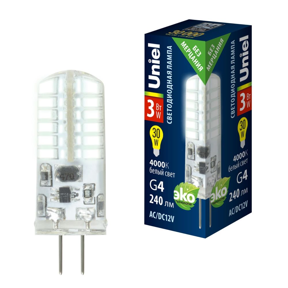 LED-JC-12-3W-4000K-G4-CL SIZ05TR Лампа светодиодная с силиконовым покрытием. Белый свет 4000К. Картон. ТМ Uniel