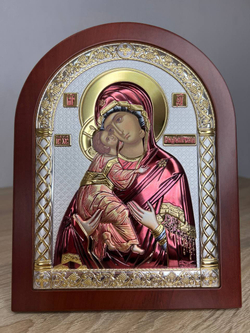 Владимирская БМ, икона арочная, красное дерево, эмаль 206х275