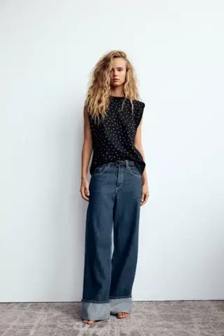 ZARA ФУТБОЛКА С ПОДПЛЕЧНИКАМИ И СТРАЗАМИ, ЧЕРНЫЙ