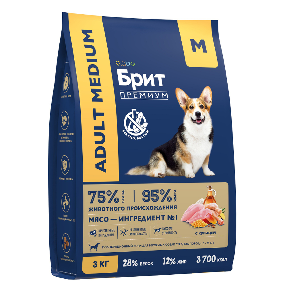 Сухой корм БРИТ ПРЕМИУМ Dog Adult Medium Chicken с курицей для взрослых собак средних пород (10–25 кг) 3 кг