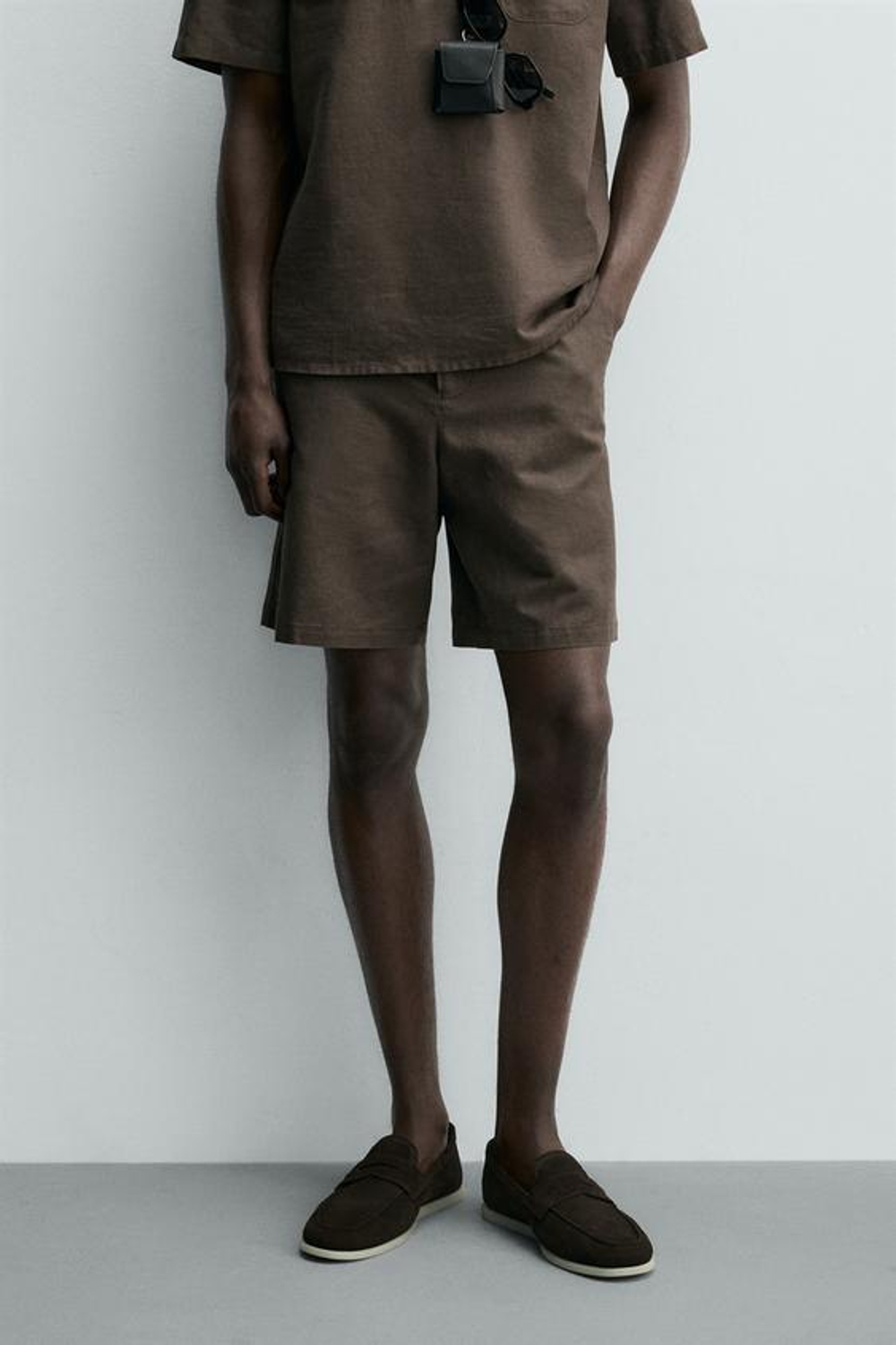 ZARA ШОРТЫ REGULAR FIT ИЗ КОНОПЛИ И ХЛОПКА, КОРИЧНЕВЫЙ