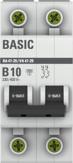 Выключатель автоматический модульный 2п B 10А 4.5кА ВА 47-29 Basic EKF mcb4729-2-10-B