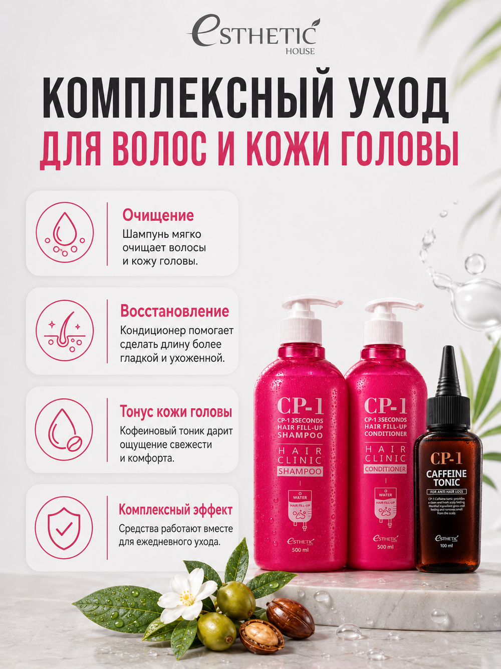 ESTHETIC HOUSE Набор шампунь и бальзам для волос Восстановление CP-1 3Seconds Hair Fill-Up 2х500мл, тоник для кожи головы кофеиновый CP-1 CAFFEINE TONIC, 100мл