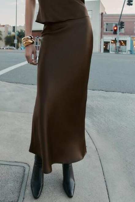 ZARA АТЛАСНАЯ ЮБКА МИДИ, КОРИЧНЕВЫЙ
