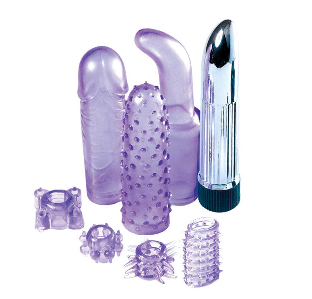 Мини-вибратор с насадками и эрекционными колечками - 11,5 см.