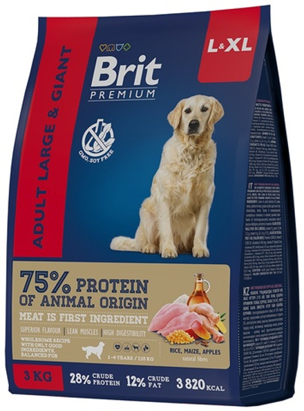 BRIT PREMIUM, Сухой корм с курицей для взрослых собак "Dog Adult Large and Giant", 3кг,