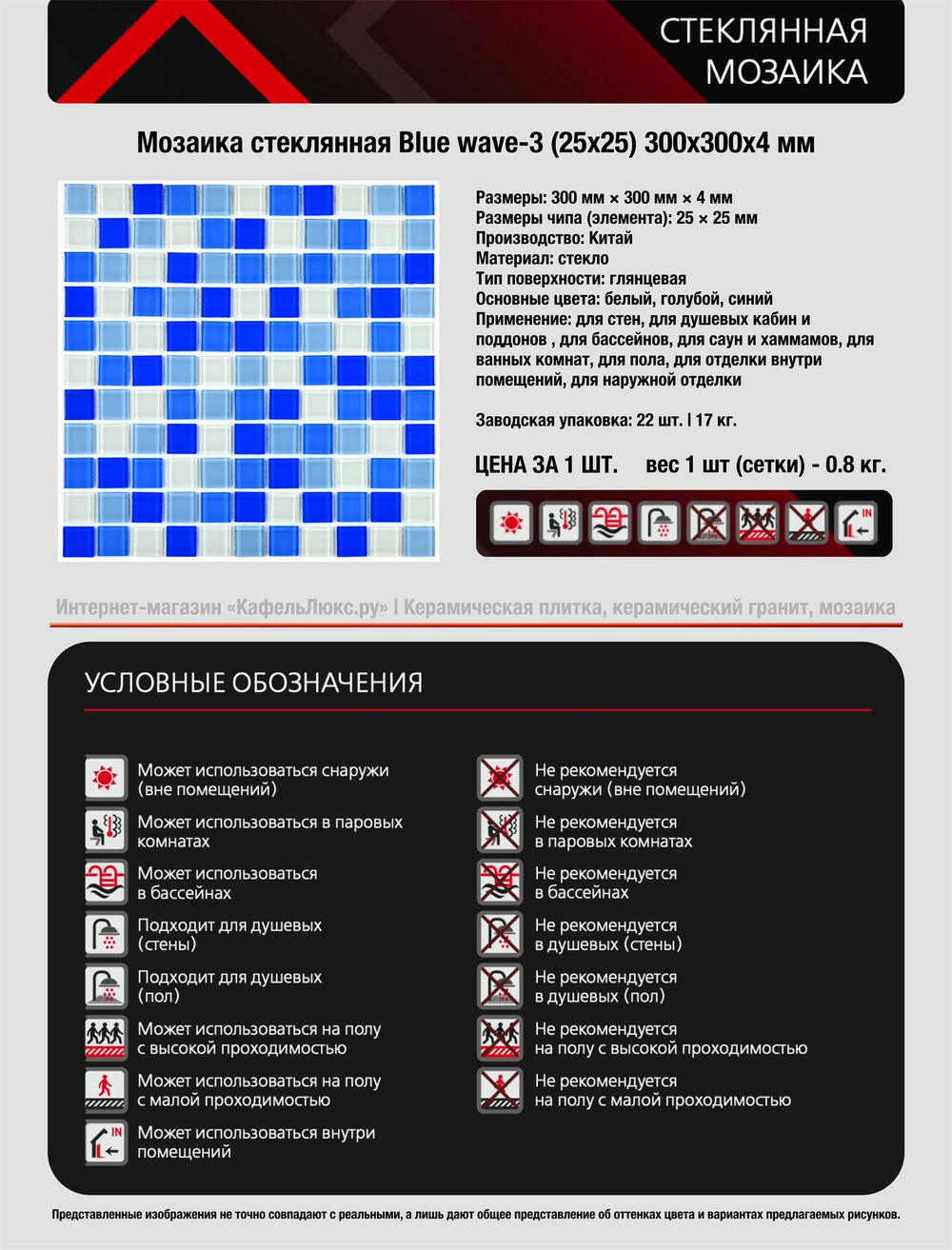 Мозаика стеклянная Blue wave-2/Голубая волна-2 (25х25) 300х300х4 мм (шт)