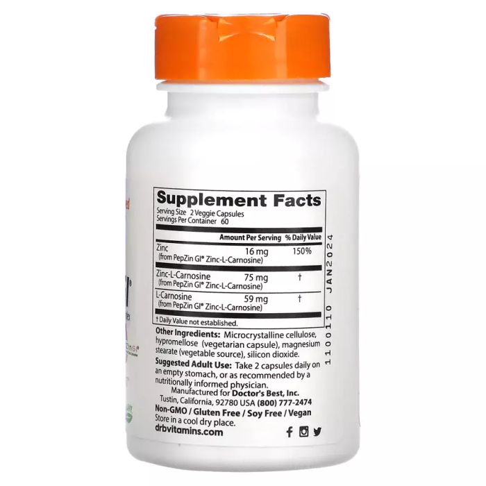 Цинк-L-карнозин, PepZin GI, Zinc-L-Carnosine, Doctor&#39;s Best, 120 вегетарианских капсул 2