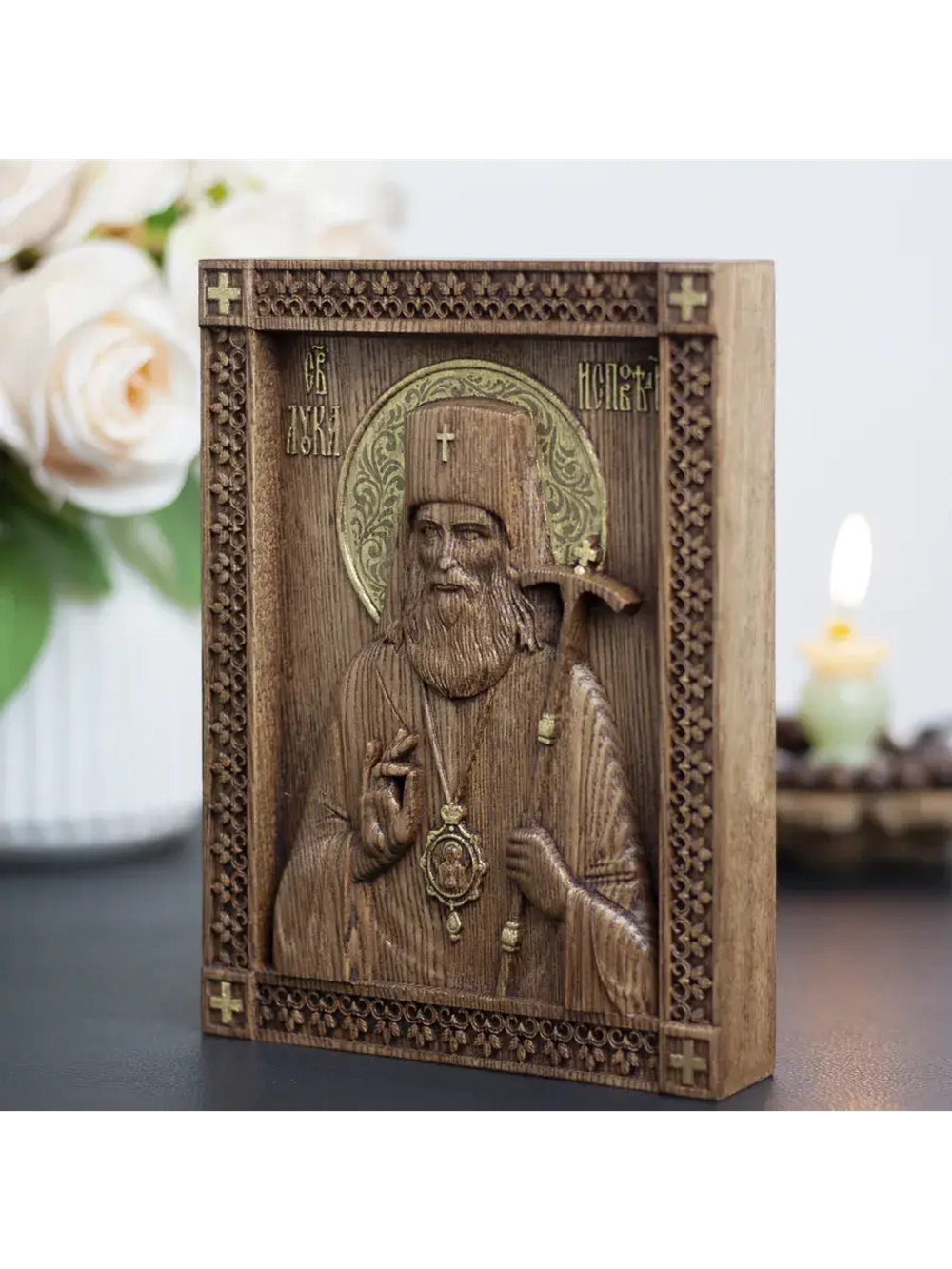 Лука Крымский икона деревянная резная, ясень