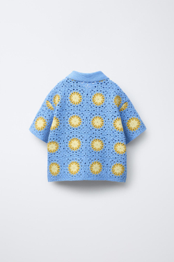 ZARA ТРИКОТАЖНАЯ РУБАШКА ИЗ КРУЖЕВА КРОШЕ, ГОЛУБОЙ