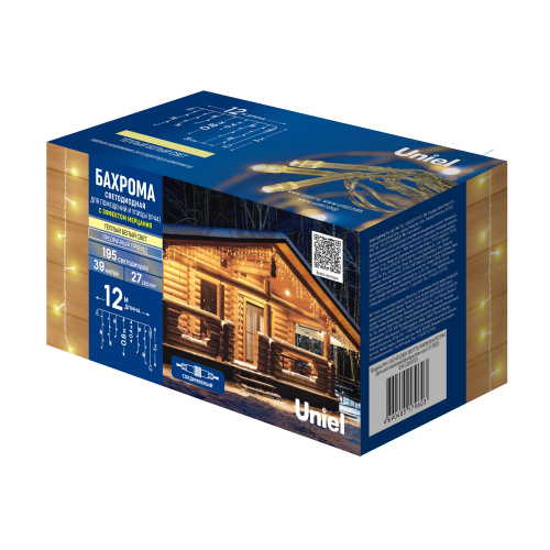 ULD-B12006-195/TTK WARM WHITE IP44 Бахрома светодиодная с эффектом мерцания, 12м. Соединяемая. 195 светодиодов. Теплый белый свет. Провод прозрачный.