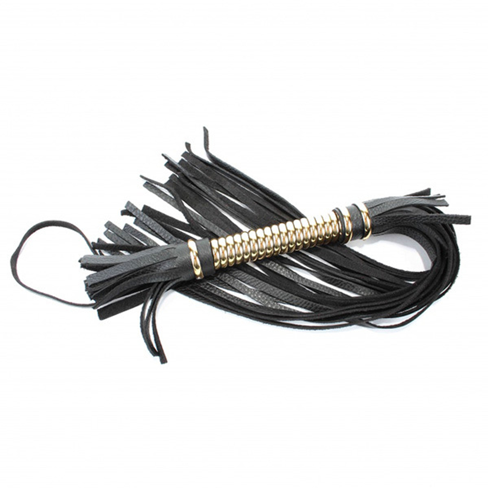 Черная кожаная плетка 60см с золотистой отделкой рукояти БДСМ Арсенал 54011