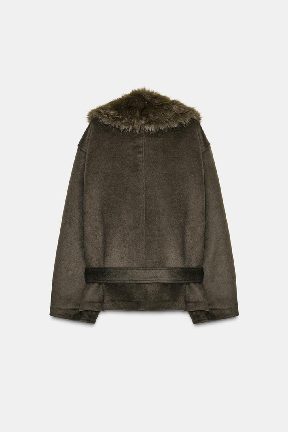 ZARA ПАЛЬТО ИЗ СМЕСОВОЙ ШЕРСТИ С ВОРОТНИКОМ ИЗ ИСКУССТВЕННОГО МЕХА, ТЕМНЫЙ ХАКИ