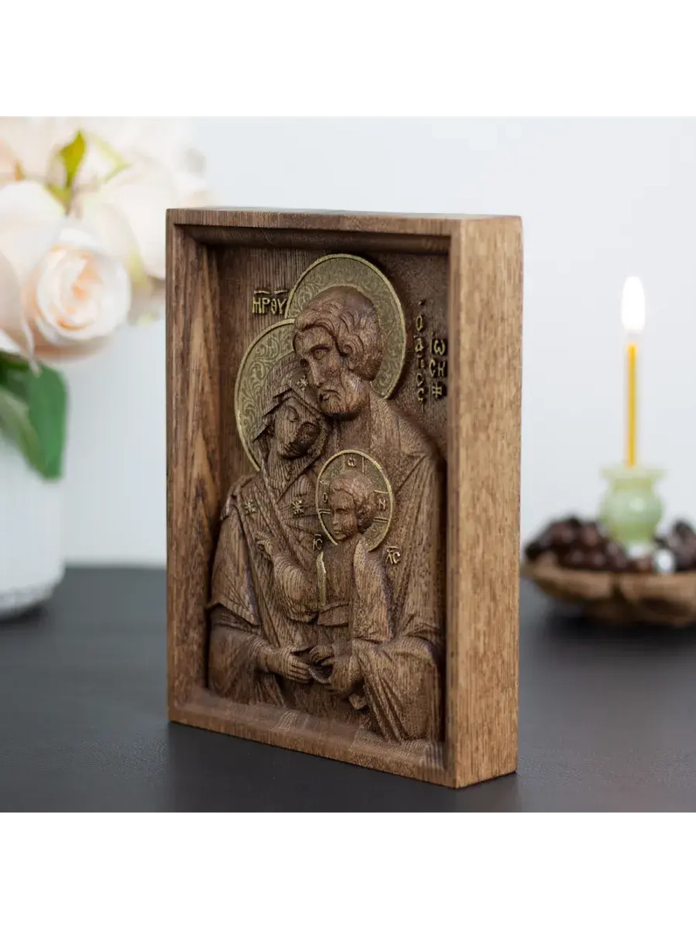 Святое семейство икона деревянная резная, ясень (1)