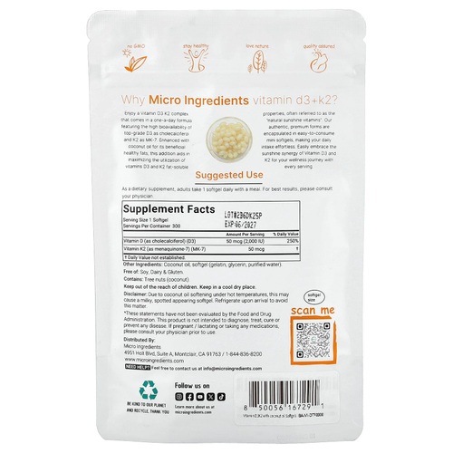 Micro Ingredients, витамины D3 и K2, 300 мягких таблеток