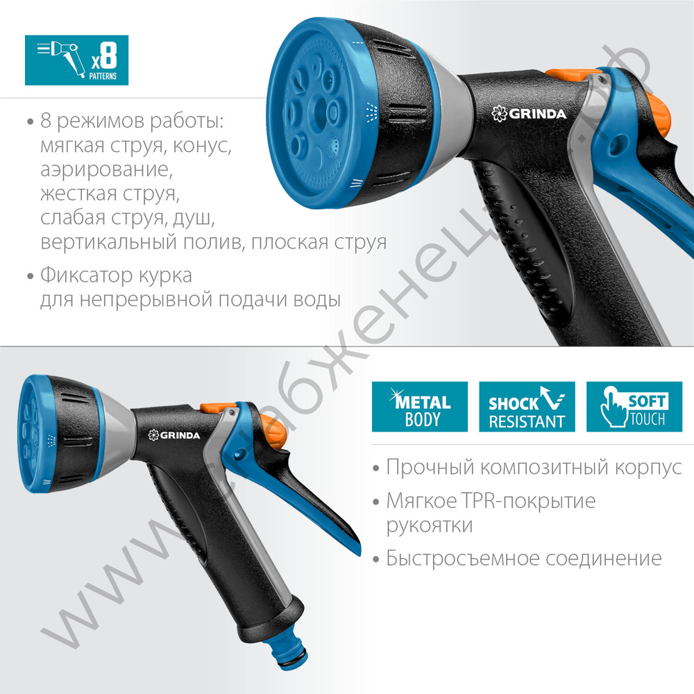 GRINDA BM-8, 8 режимов, курок сзади, металлический с TPR, поливочный пистолет, PROLine (8-427339)