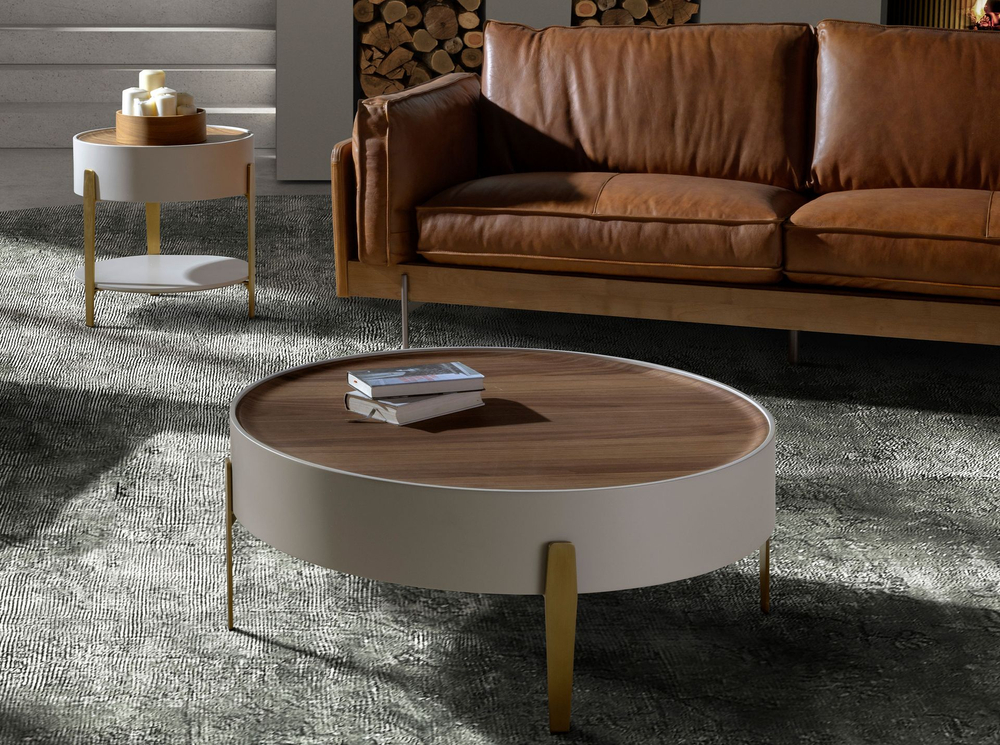 Круглый журнальный столик 2151 из ореха и бежевого дерева