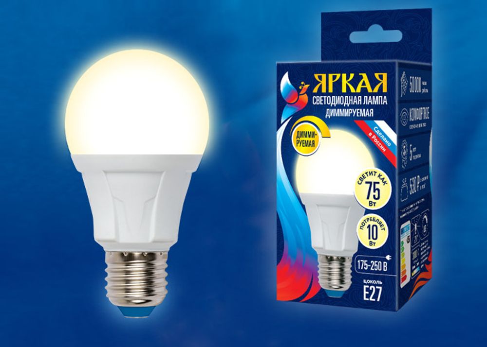 LED-A60 10W/3000K/E27/FR/DIM PLP01WH Лампа светодиодная, диммируемая. Форма «А», матовая. Серия Яркая. Теплый белый свет (3000К). Картон. ТМ Uniel.