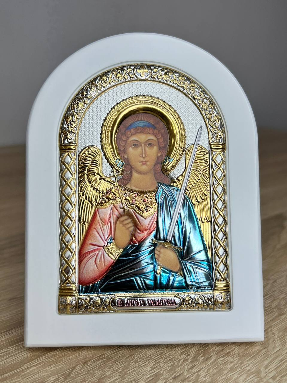 Ангел Хранитель, икона арочная, белое дерево, эмаль 105х140