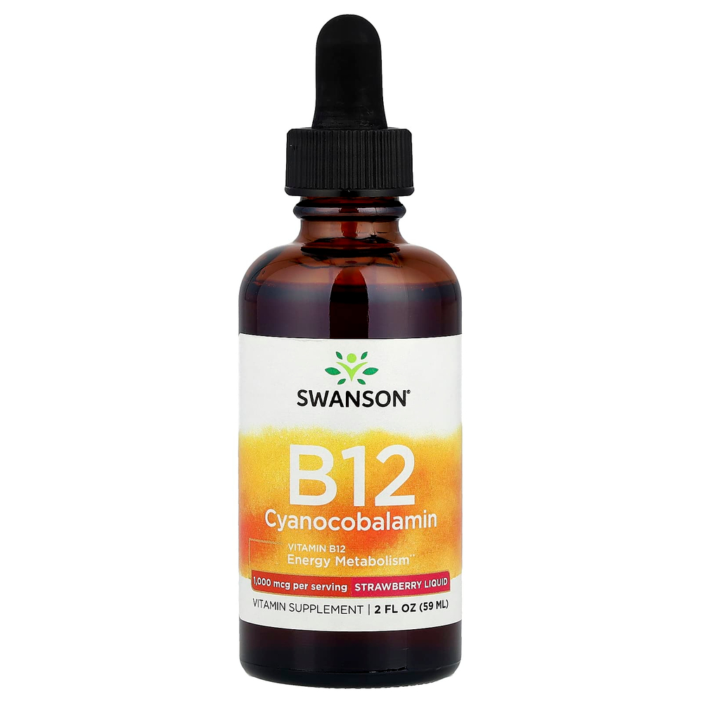 Swanson Vitamins, B12 цианокобаламин, жидкий, со вкусом клубники, 59 мл (2 жидк. унции)