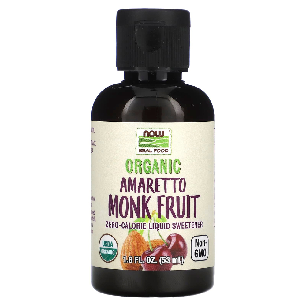 NOW Foods, Organic Amaretto Monk Fruit, низкокалорийный жидкий подсластитель, 53 мл (1,8 жидк. унц.)
