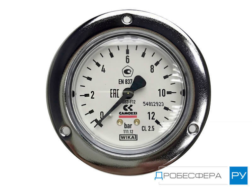 Манометр для компрессора 12 бар (1,2 МПа) осевой с фланцем R 1/4" диаметр 86 мм арт. M063-F12