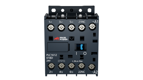 Миниконтактор Prompower PLP1K1201BD серии Pulse, ток 12А, 3 полюса, доп контакт 1НЗ, катушка 24DC