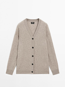 Massimo Dutti Кардиган оверсайз из 100% кашемира с V-образным вырезом, кротово-коричневый
