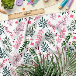 Ткань таффета розовые и зелёные листья на бежевом фоне