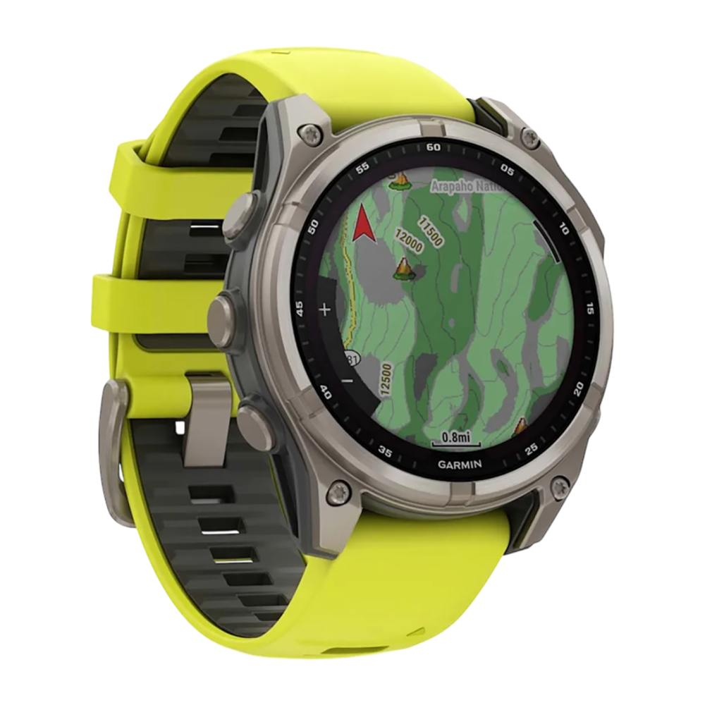 Спортивные часы Garmin fenix 8, 47 мм, Solar, титан, сапфир, силиконовый ремешок цвета «электрический жёлтый»/графитовый Безель из титана, дисплей Solar. Ремешок с классической застёжкой — на запястье обхватом 125–208 мм