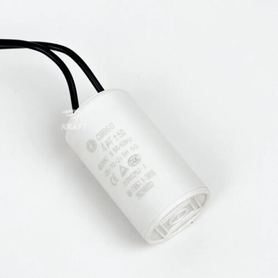 Пусковой конденсатор CBB60 4 мкФ+/-5% 450 цилиндрический, в пластиковом корпусе с гибким кабельным выводом SHENGE