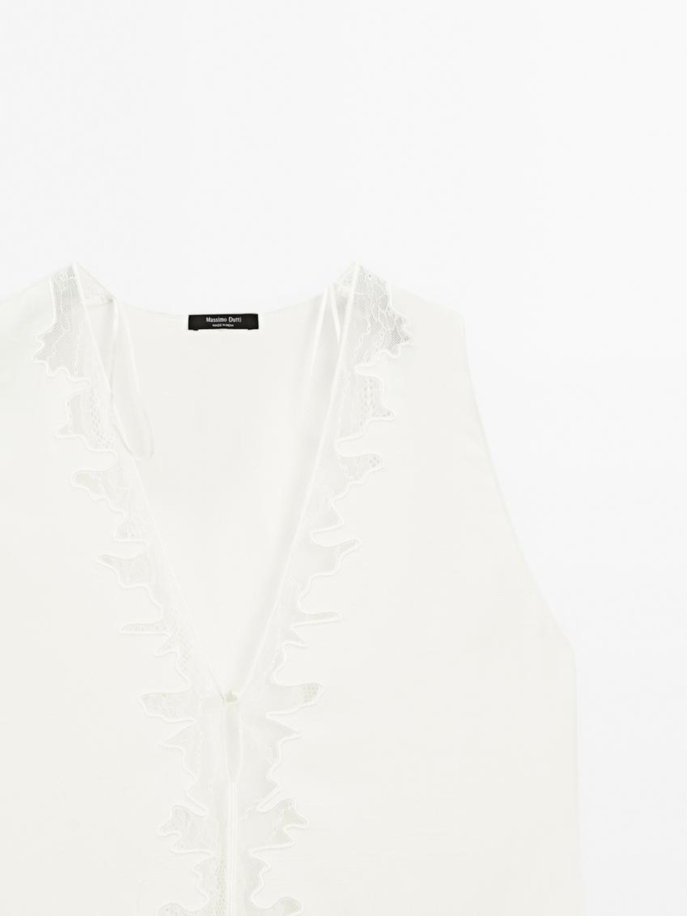 Massimo Dutti Блуза из струящейся ткани с отделкой кружевом, натуральный, кремовый