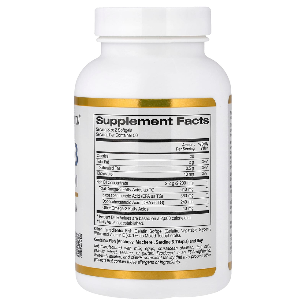 California Gold Nutrition, премиальный рыбий жир с омега-3, 100 капсул из рыбьего желатина (1100 мг в 1 капсуле)