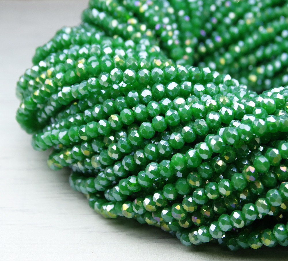 БН013ДС23 Хрустальные бусины "рондель", цвет: зеленый AB непрозрачный, 2х3 мм, кол-во: 95-100 шт.
