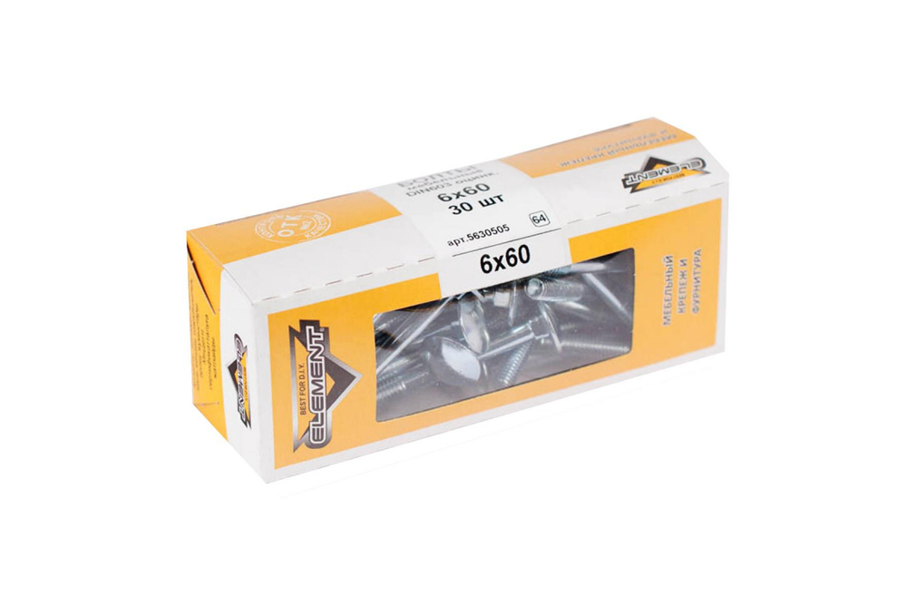 БОЛТ МЕБЕЛЬНЫЙ ELEMENT DIN603 ОЦИНК 6Х60 30ШТ 102730