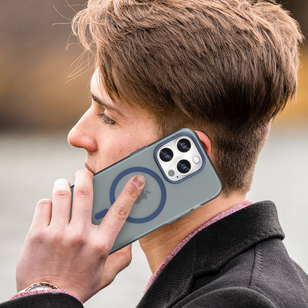 Мягкий усиленный чехол темно-синего цвета с поддержкой MagSafe для iPhone 14 Pro, серия Frosted Magnetic