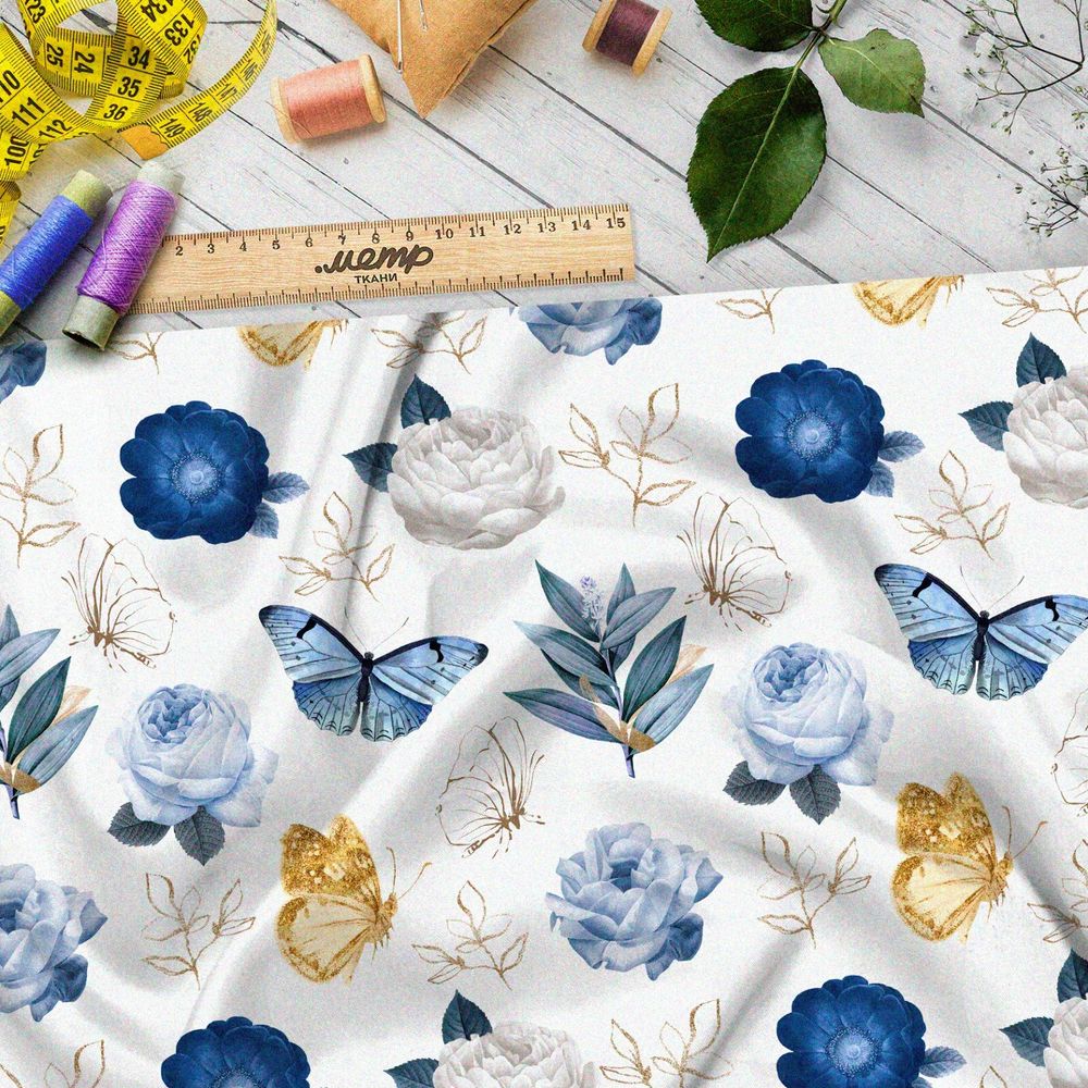 Ткань муслин голубые и золотые бабочки и розы