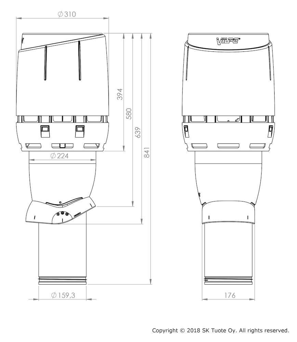 Комплект вентиляции: Вентиляционный выход изолированный Vilpe D160/225 утепленный высота H=500 мм, проходной элемент ТР-87/К для металлочерепицы Каскад, колпак Ø 230 мм, серый графит