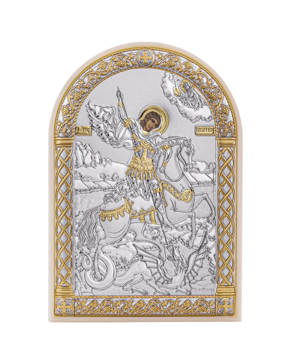 Георгий Победоносец, икона арочная, пластик белый 80х115