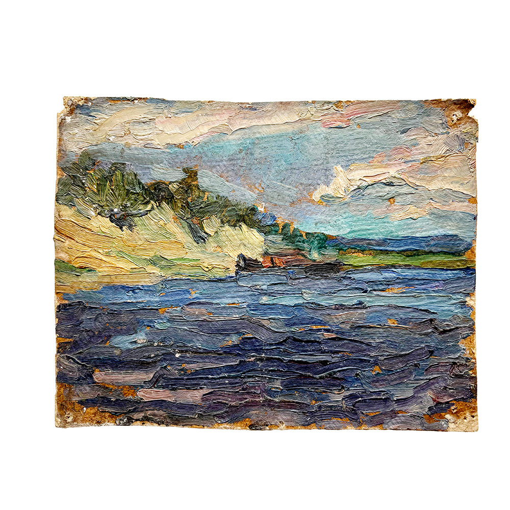 Динес Ю. С. Волга, крутой склон. Саратов. Этюд. Картон, масло. 1943 г.