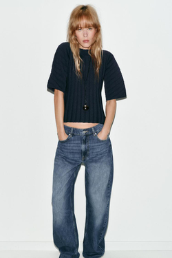 ZARA ТОП В РУБЧИК С ОБЪЕМНЫМИ РУКАВАМИ, МОРСКОЙ СИНИЙ