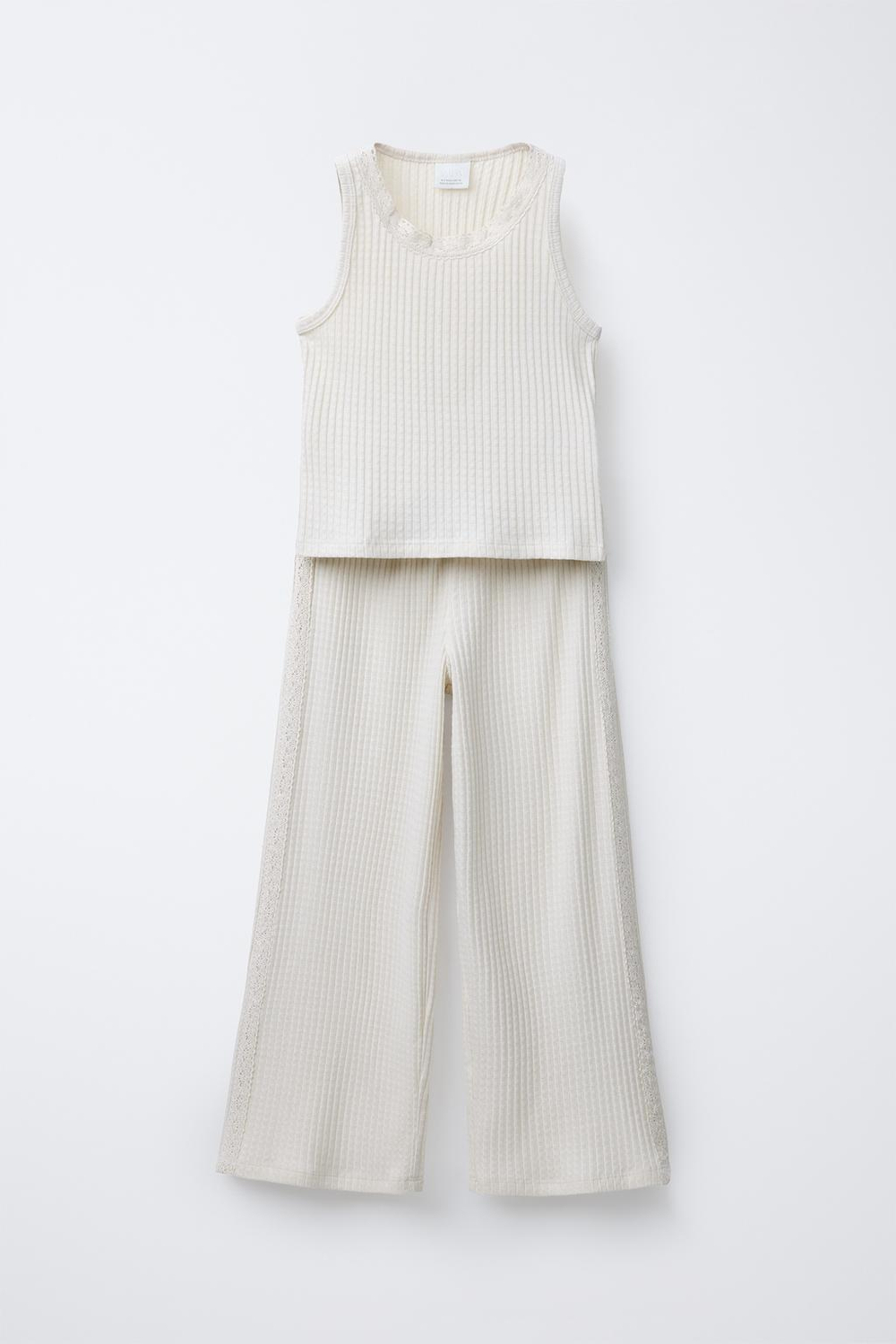 ZARA МАЙКА В РУБЧИК И БРЮКИ С КРУЖЕВНОЙ ОТДЕЛКОЙ, ЭКРЮ